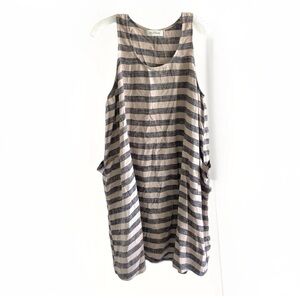 En & Ive Beige Gray Striped Linen Blend  Midi Dress